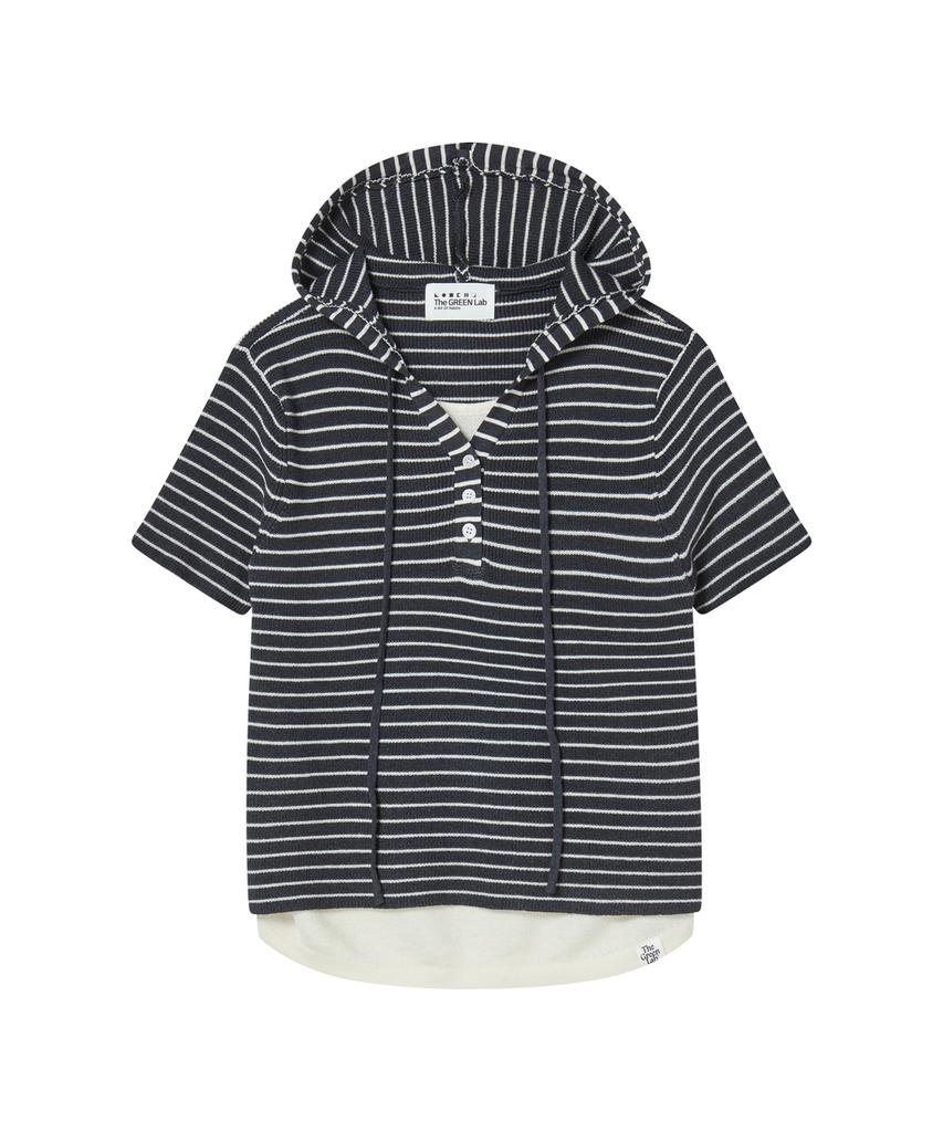 THE GREEN LAB Striped Short Sleeve Hooded Knit [Navy]