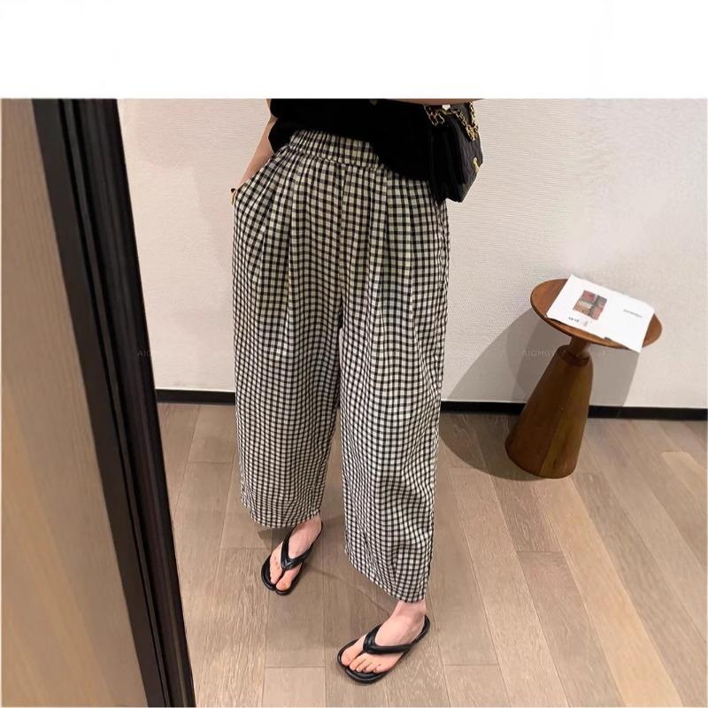 Retro new plaid nine-point slightly wide casual wide-leg pants women's thin and versatile high-waisted fashion sports straight pants