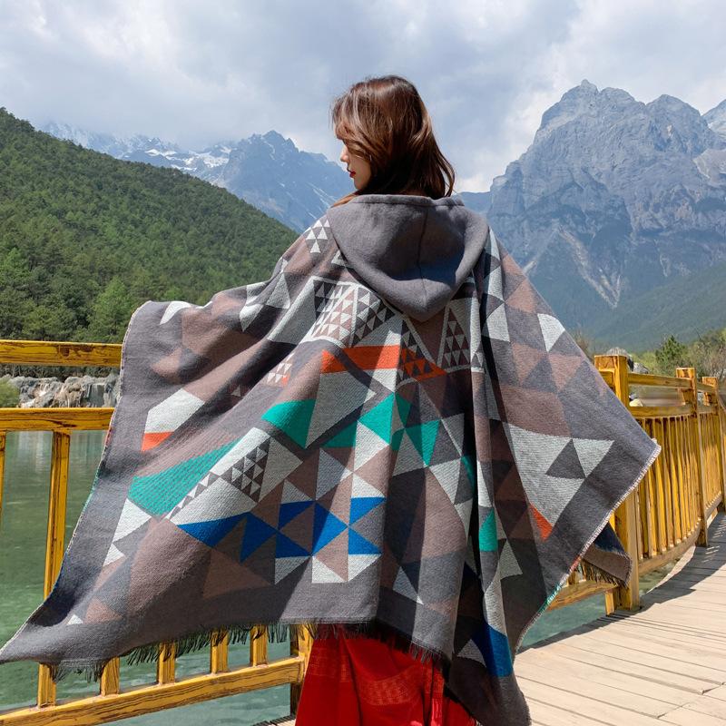 

Теплый клетчатый плащ с капюшоном, повседневный шарф в этническом стиле, куртка с кондиционером для женщин 130-150CM