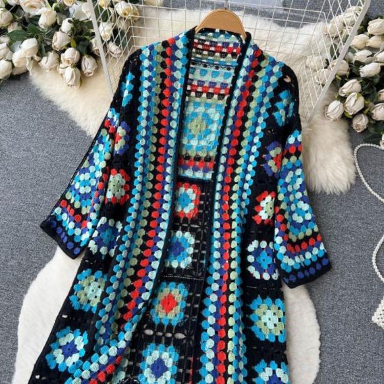 Böhmischer Strickschal Pullover Hohl-Spitzenärmel Häkel-Stickerei Design Lockerer Cardigan Mantel