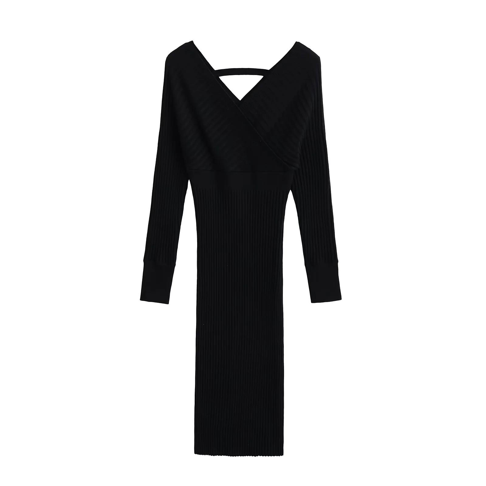 

Весна 2025 Сексуальное трикотажное платье-свитер с длинными рукавами и глубоким V-вырезом M чёрный