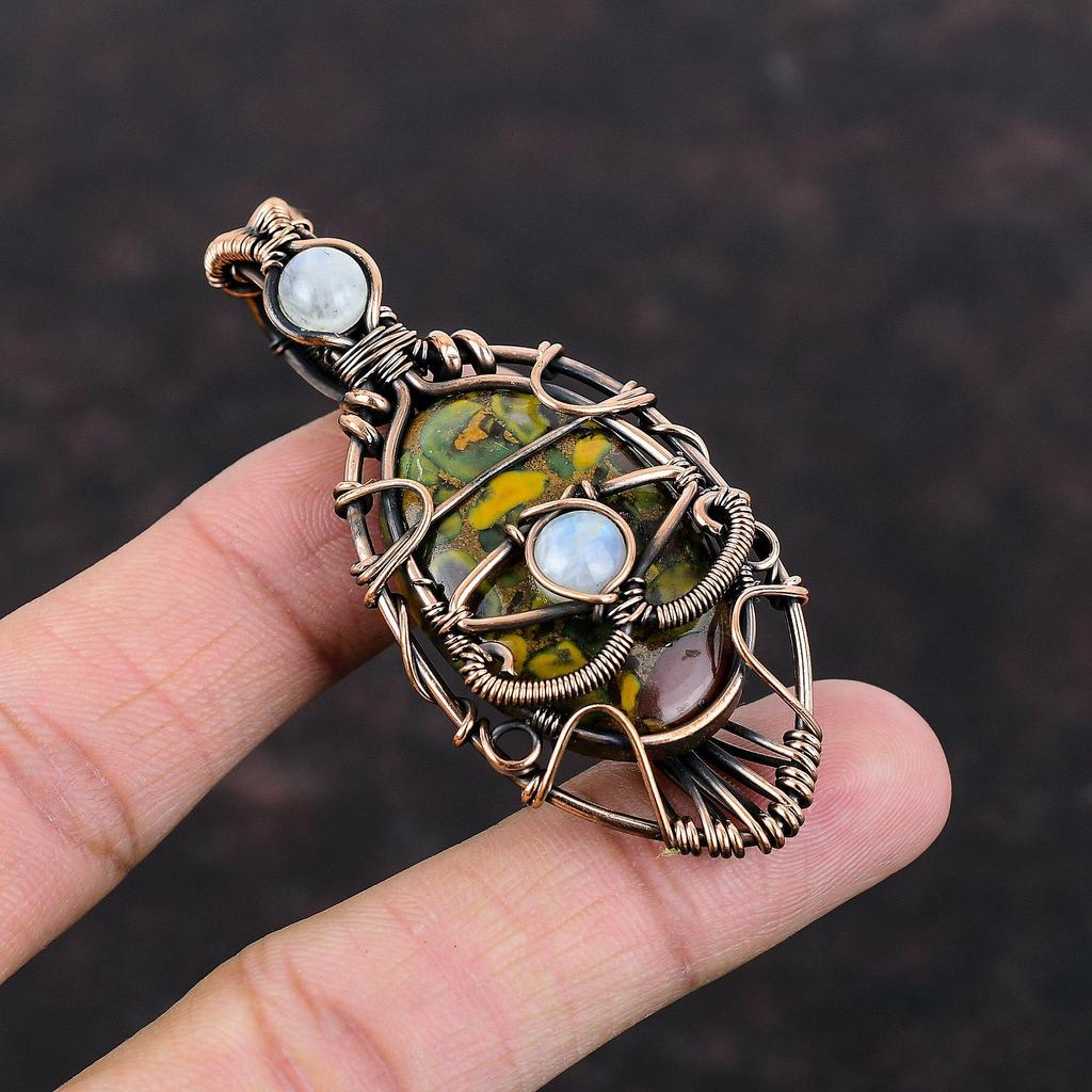 Evil Eye Fruit Jasper Copper Pendant Copper Wire Wrapped Pendant Rainbow Moonstone Pendant Unique Evil Eye Jewelry Handmade Gemstone Pendant