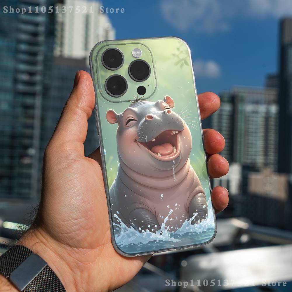 Cute Hippo Hippopotamus Phone Case For iPhone 16,15,17,12,13,14,11 Max,Pro,Plus,X,XS,XR,SE4,E Mini Transparent Cover