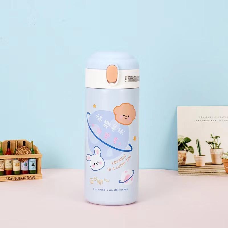 380ml Cute Cartoon Thermos Cup Stainless Steel Bouncing Cover Straw Mini Vacuum Flask Outdoor Water Bottle