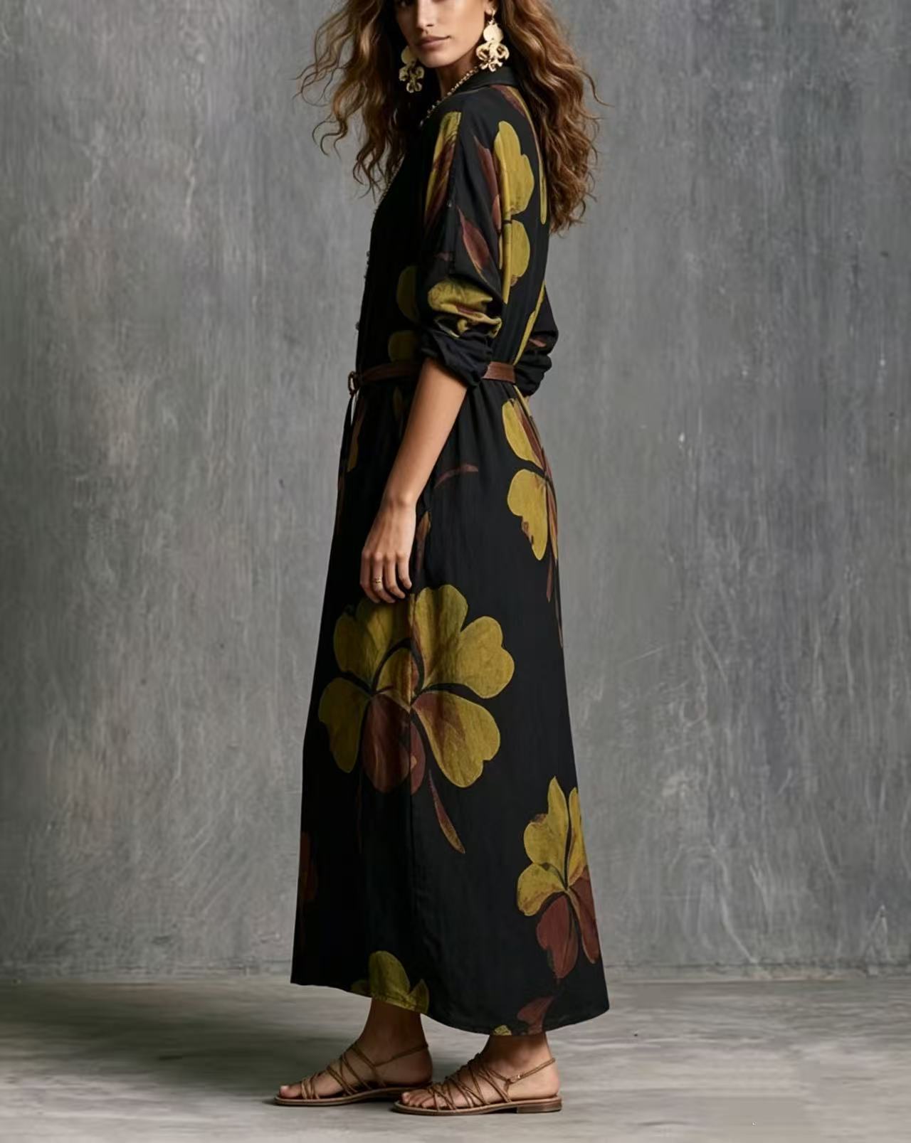 2026 Bohemian large print shirt-style long dress lapel long sleeve loose pocket casual dress women S