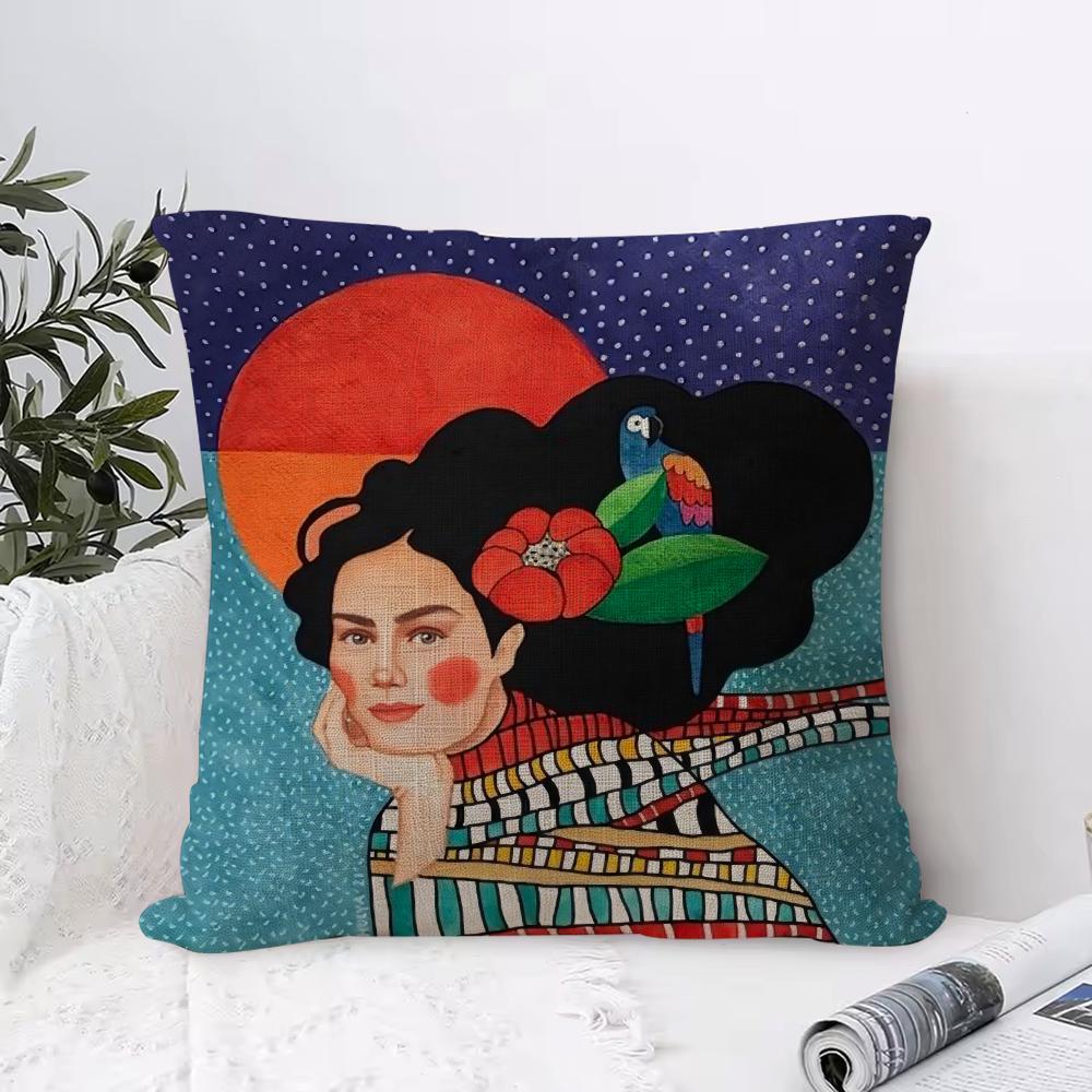 Abstract Girl Hair Flower Cushion Cover Breathable Linen Pillow Cover SkinFriendly Home Decor Pillowcase with Hidden Zipper