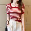 2025 Summer Women's Slim Fit Short Sleeve Striped Ice Silk Knit Top with Square Neck