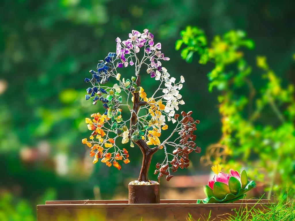 7 Seven Chakra Crystal Tree Gemstone Tree Crystal Showpieces for Home Decor Items Good Luck Gifts with Silver Wire and 300 Beads Size 10-12 Inches