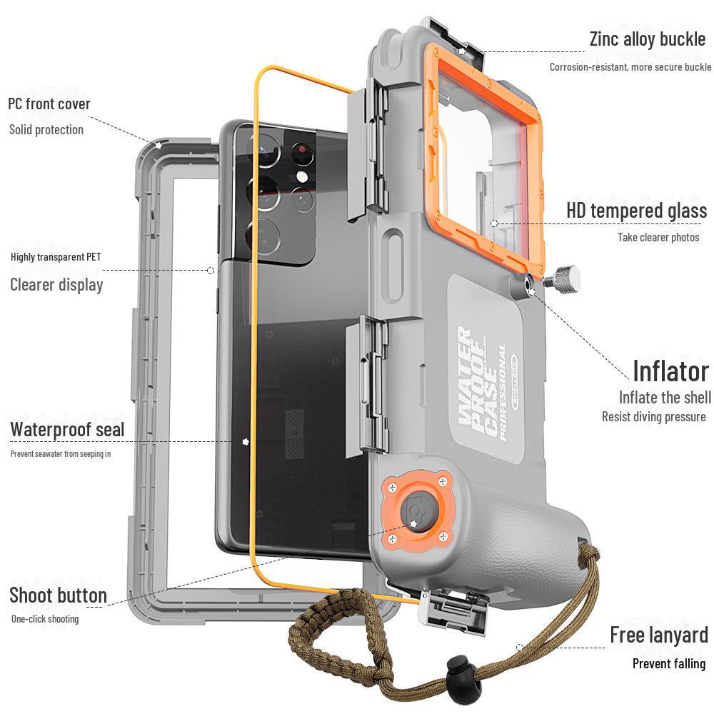 Universal Underwater Diving Case with Bluetooth Control for iPhone, Samsung, Huawei, Xiaomi, and OPPO Smartphones.