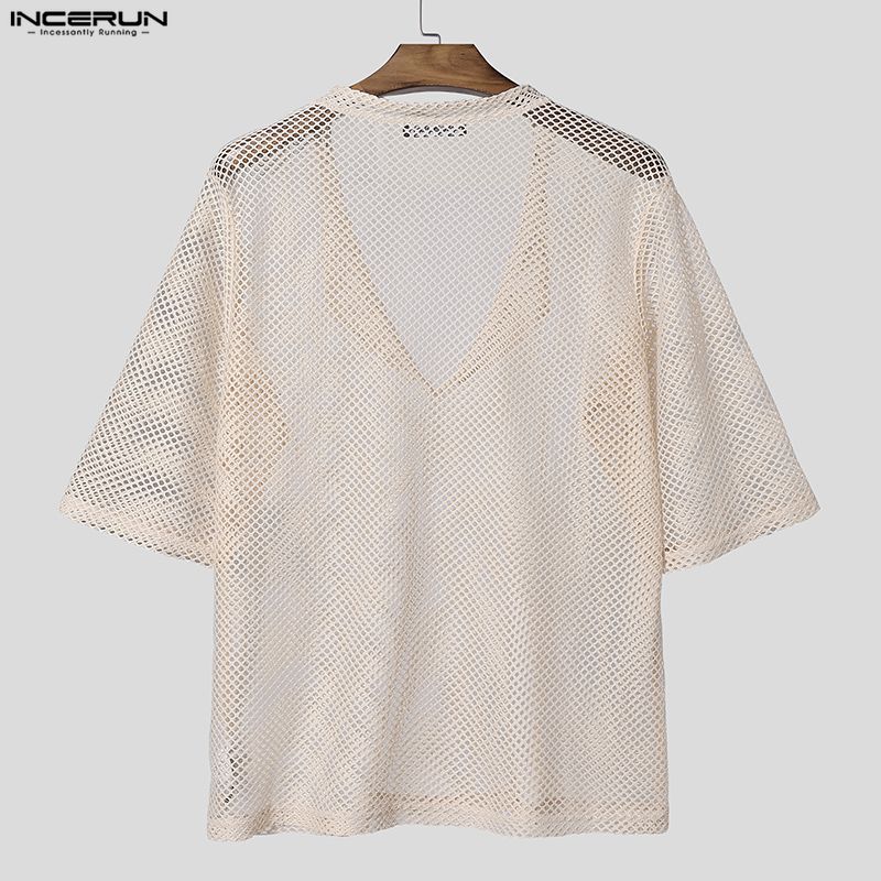 INCERUN Oversized Men Deep V Long Sleeve Hollow Loose T-shirts Tops