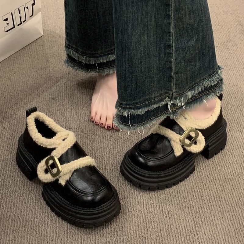 Cowhide Version Platform Small Leather Shoes Women's 2025 Autumn and Winter Velvet Loafers New One-pedal Lazy Loafers