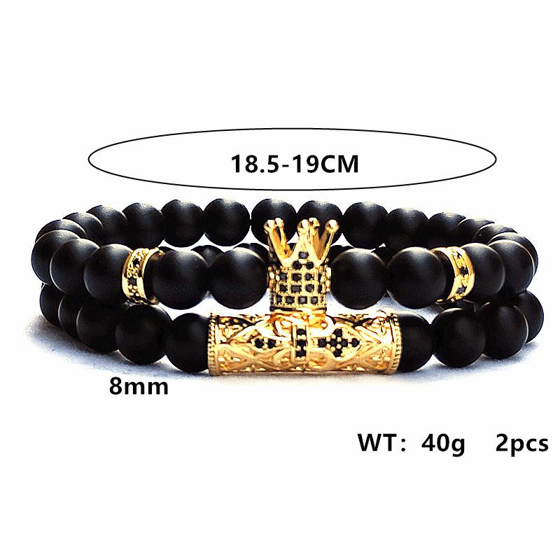 European Micro-Inlaid CZ Crown & Frosted Stone Elastic Bracelet Set for Men & Women