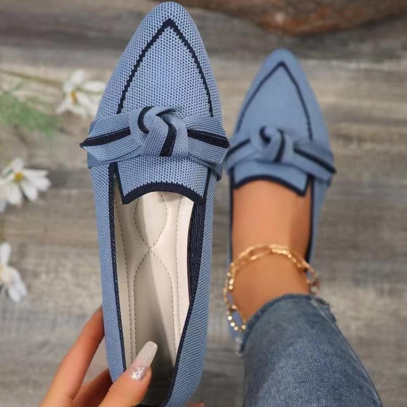 Skinny pointed large size flat single shoes women, fashionable flying weaving one pedal bow casual breathable color matching single