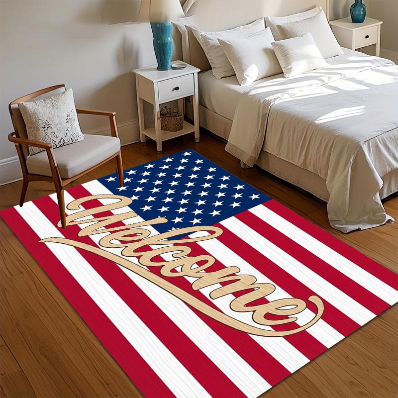 American Flag Welcome Print Area Rug, Soft Non-Slip Floor Mat for Entryway Living Room Patriotic Home Decor