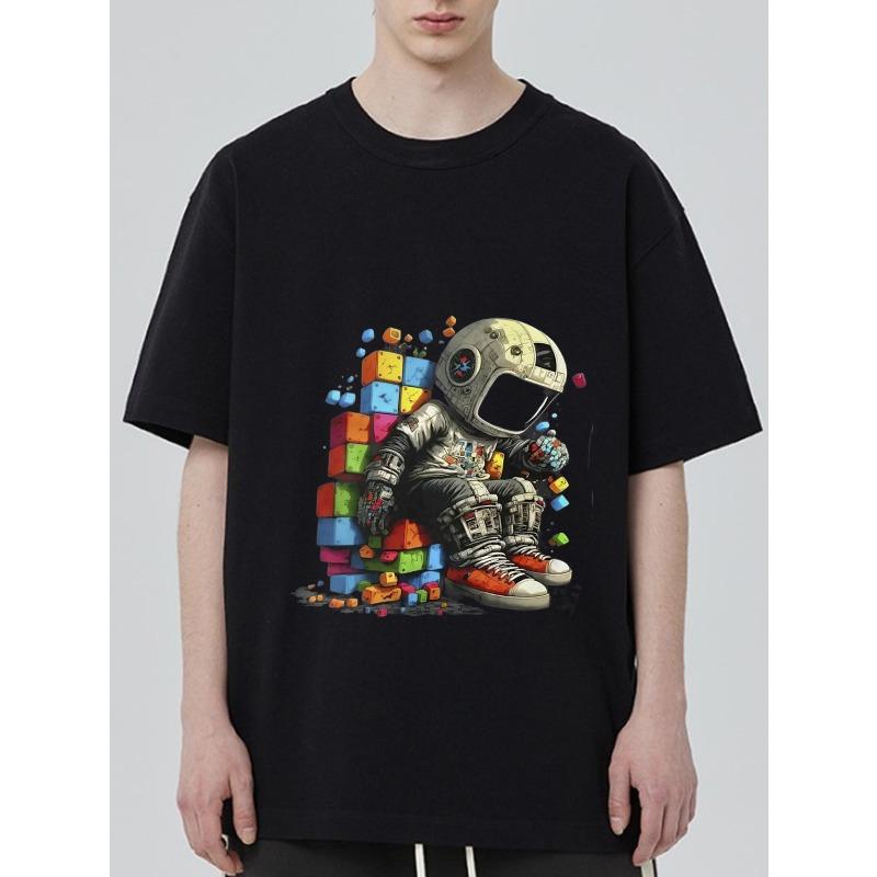 

Black T-Shirt with Astronaut Sitting on Colorful Blocks Print for Casual Wear XXXXL чёрный