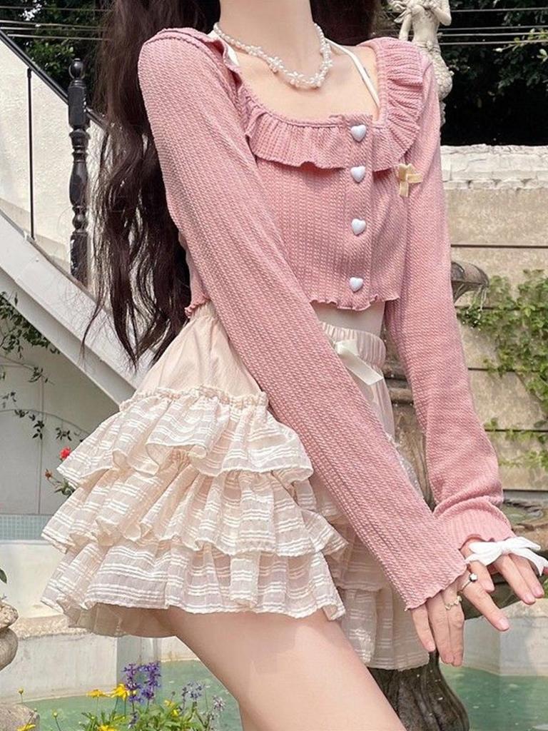 Lolita Bow Mini Skirt for Women Sweet Cute Ruffled Cake Skirt Lace Elastic Waist Casual Japanese Style Clothing