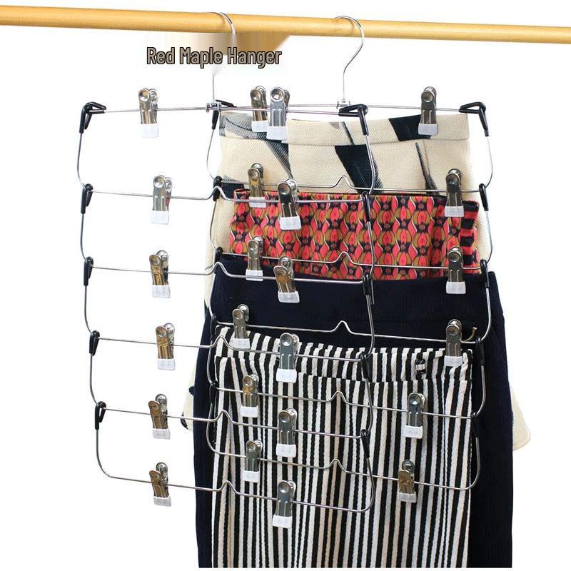 6-Layer Adjustable Foldable Metal Hanger with Clips for Skirts and Pants
