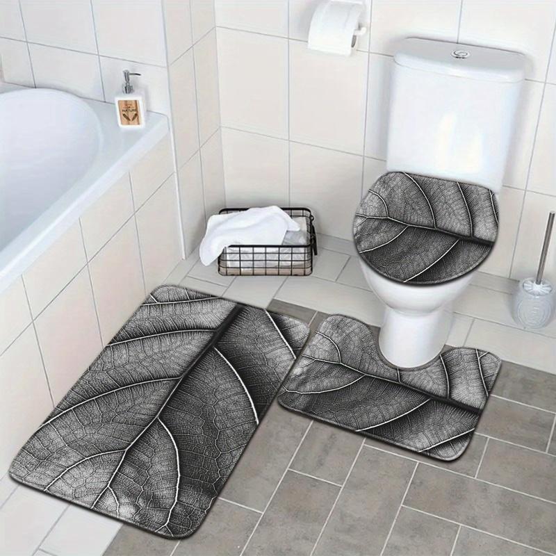 Nordic Gray Leaf Texture Bathroom Floor Mat Set 3pcs Non-Slip Absorbent Toilet Lid Cover U-Shaped Rug and Decorative Bath Mat