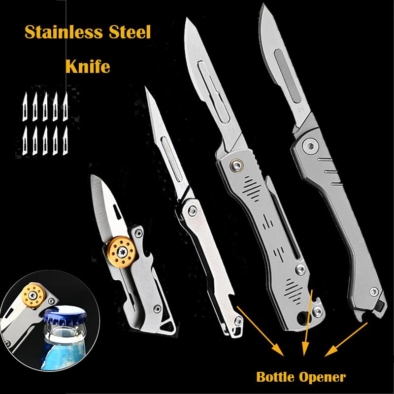 Stainless Steel Scalpel Bottle Opener Replaceable Blades Folding Knife Multifunctional Outdoor Survival Camping EDC Tool