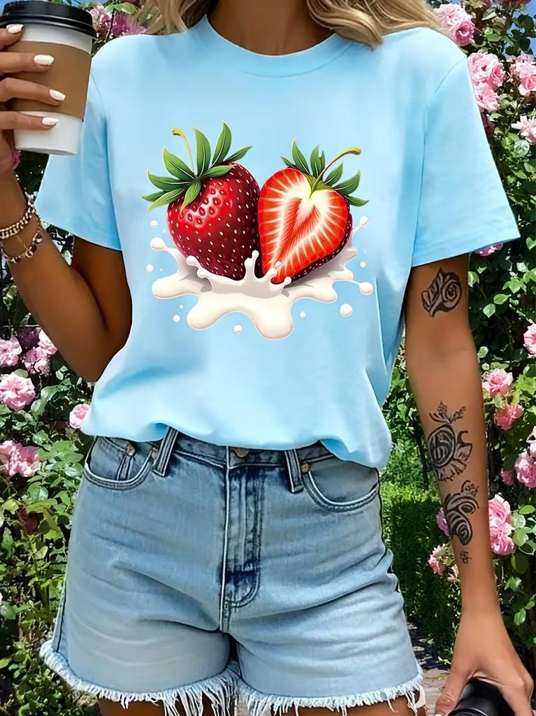 Red Strawberry Ice Cream Pattern Women's Short Sleeved T-shirt Fashion Breathable and Comfortable Round Neck Casual Women's Top