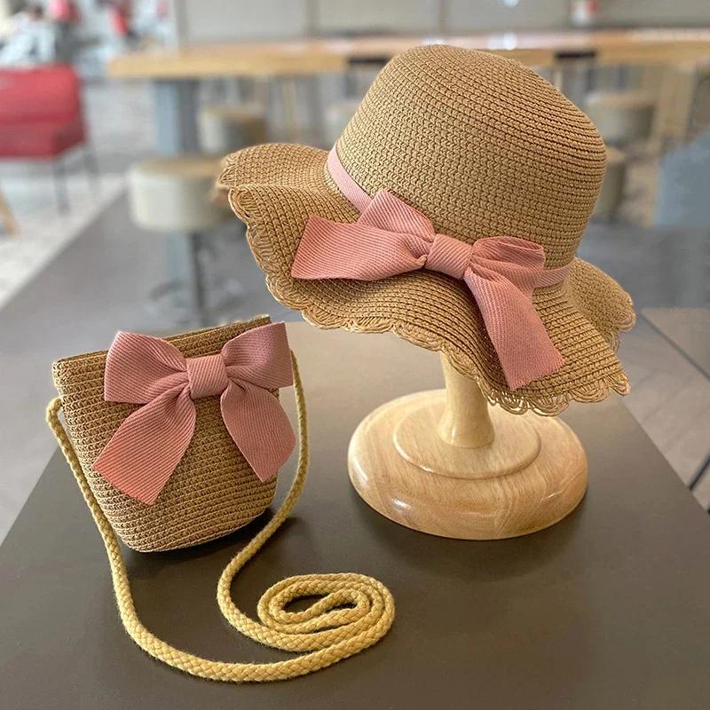 Kinderhut für Mädchen 2-7 Jahre Stroh Kinder Sonnenschutzkappe Tasche Sommer Baby Reise Sonnenschutz Strandhut Sonnen Fischerhut Modischer Stil