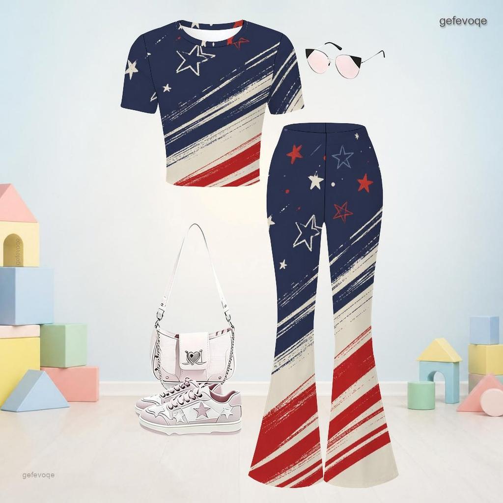 Girls Beige Printed Round Neck Short Sleeve Top And Flared Pants Two Piece Set