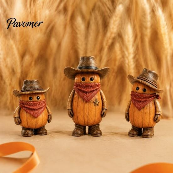 Kids Room Holiday Decor 3PCS Western Cowboy Pumpkin Figurine, Retro Man Statues with Hat, Cute Plastic Figurines Fall Thanksgiving Halloween Tabletop