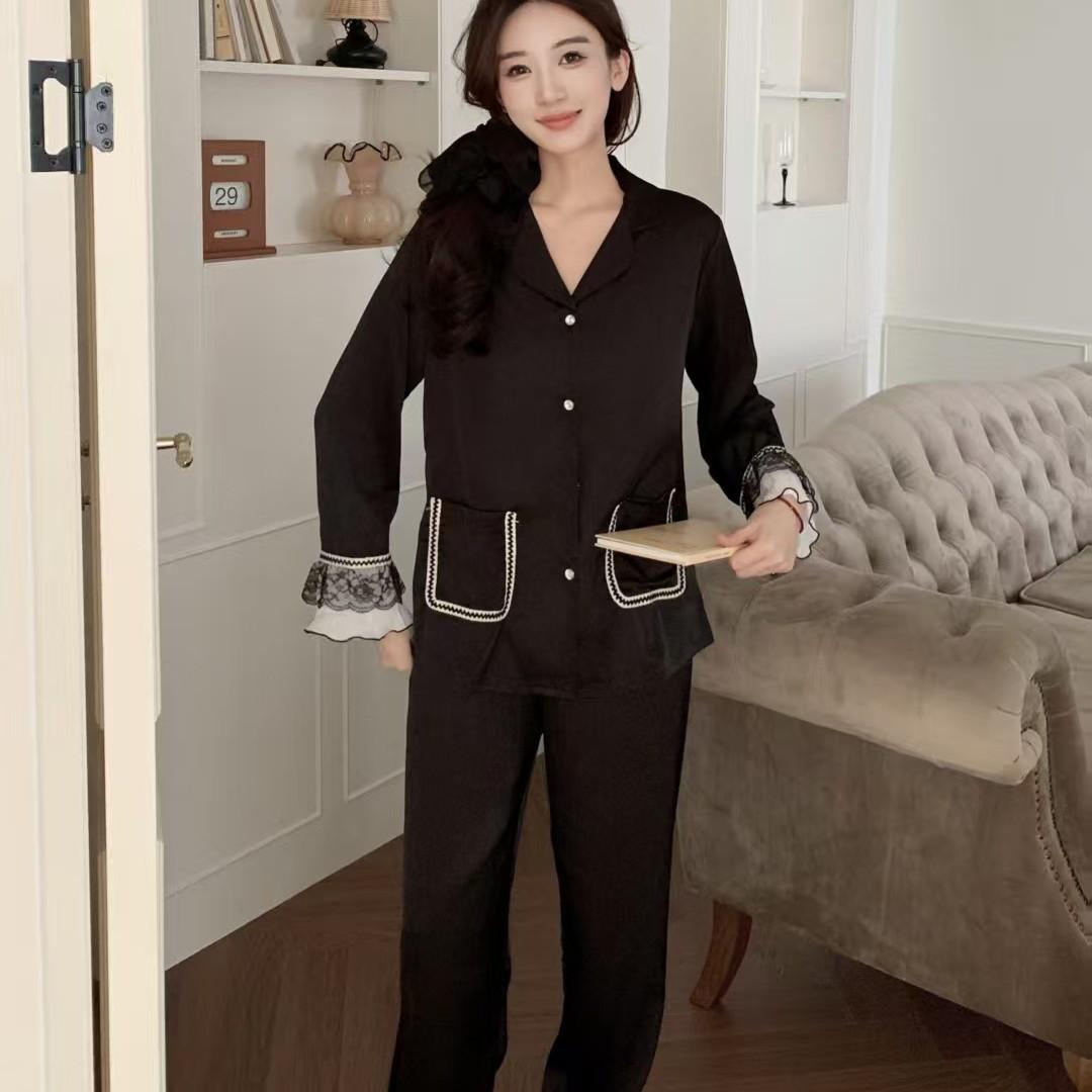 

2026 Ice Silk Women’s Pajamas: Chinese-Inspired Lace, Light Luxury Long Sleeve, Cute Croissant Sweet Style Homewear L