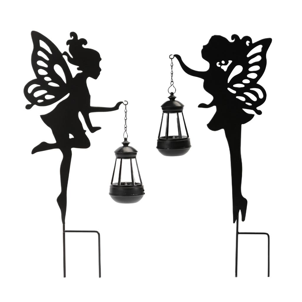 Solar Powered Outdoor Garden Fairy Stake Lights Metal Silhouette Decorative Lantern Holder for Yard Patio Lawn Pathway Lighting