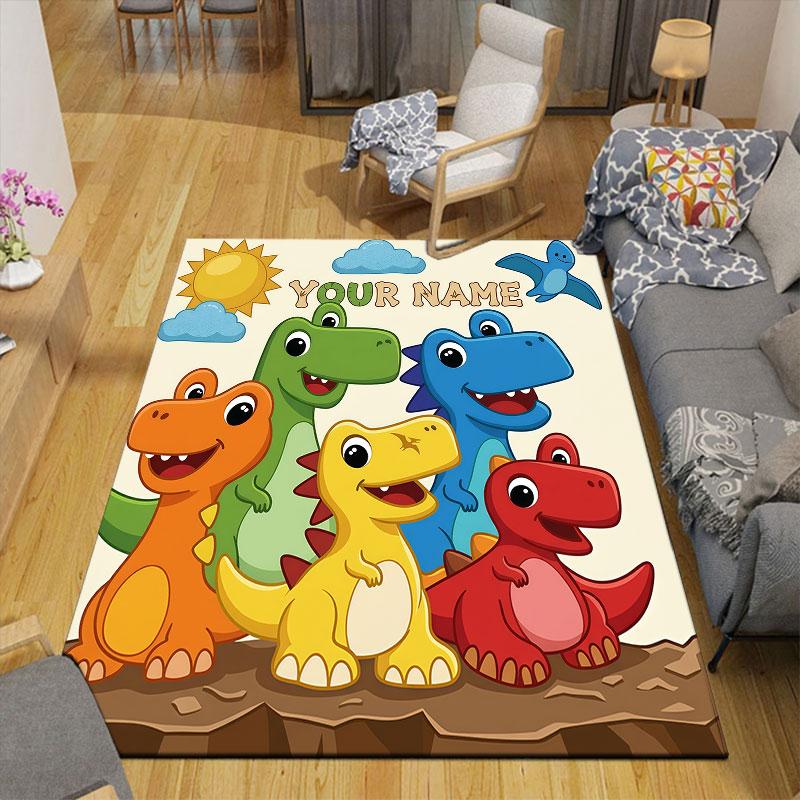 Custom Name,Cute Cartoon Dinosaur Home Sofa Decoration for Living Room & Bedroom, Non‑Slip Play Flannel Floor Mat for Game Room
