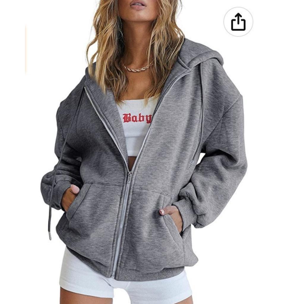 Felpa con cappuccio e zip lunga da donna, vestibilità larga, giacca casual con tasche