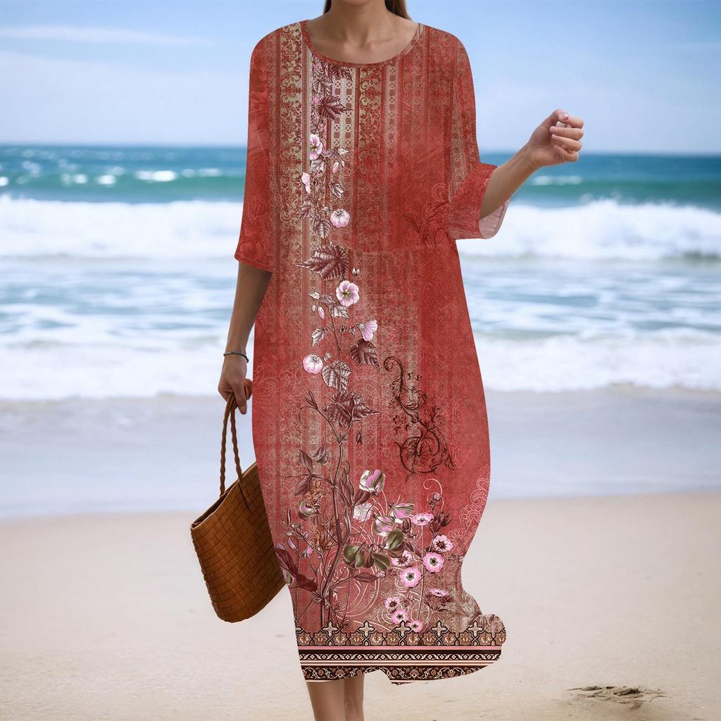 Women's Fashionable Printed Round Neck Seven Quarter Sleeve Loose Dress