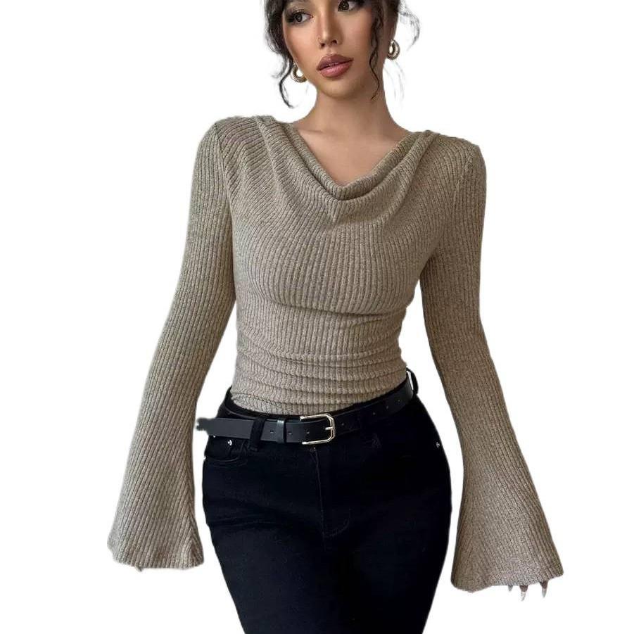 Women's Ribbed Off-Shoulder Knit Top Slim Fit Long Sleeve Shirt Fall Winter 2026 Casual Commuter Blouse