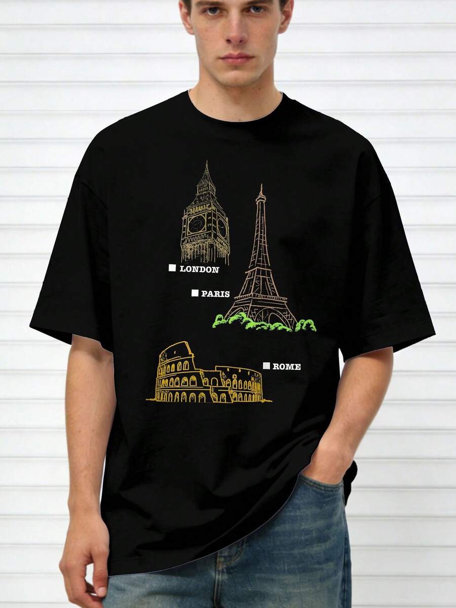 Plue Size Men s London Paris Rome Travel Gift Graphic T-Shirt, Loose Fit Casual Short Sleeve Tee S разноцветный