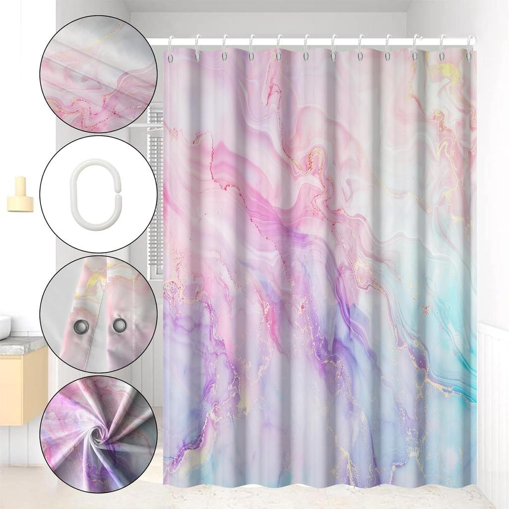 Colored marble shower curtain abstract pink purple blue fluid ink art texture lines modern luxury fabric shower curtain
