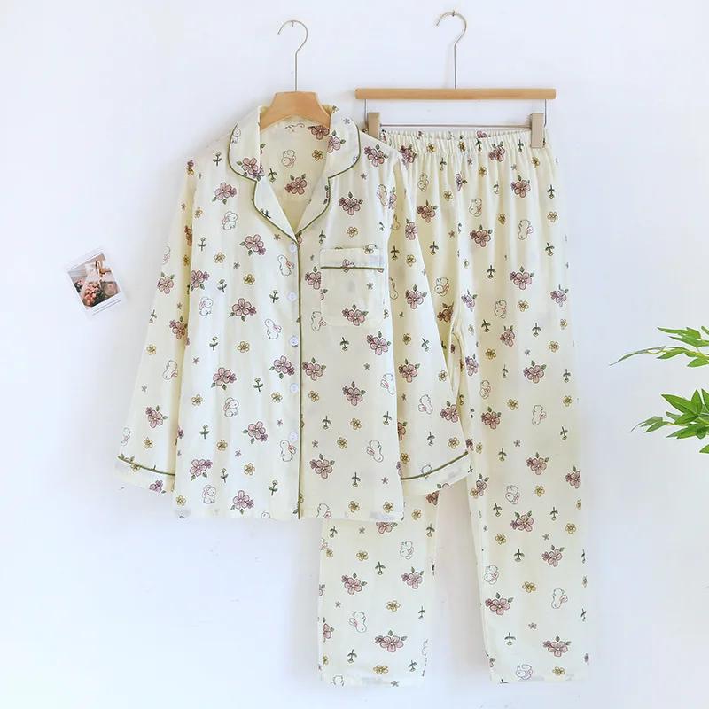 Spring and Summer New Women's Pajamas Set 100% Cotton Double-layer Gauze Long-sleeved Two-piece Set Cartoon Cute and Sweet Home