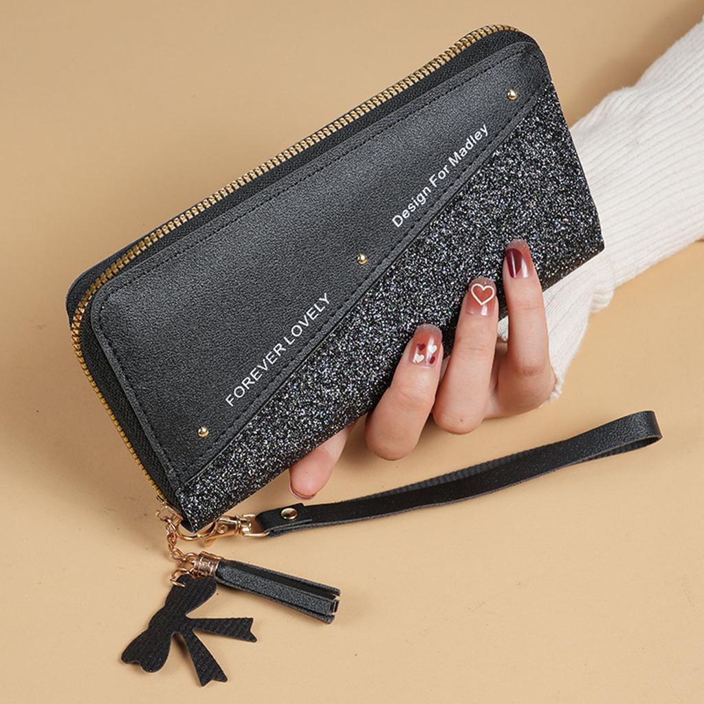 Long Zipper Wallet Ladies Spliced Color Block Tassel Versatile Card Holder Mobile Phone Bag Fashionable Ladies Accessories