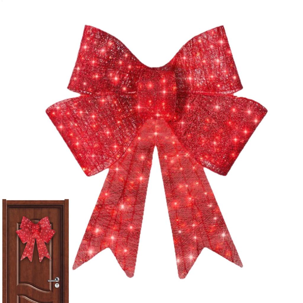 Christmas Bow Decoration with Lights Fabric Red Bow Knot Baubles Hanging Ornament DIY Xmas Trees Pendant For Xmas Party Decor