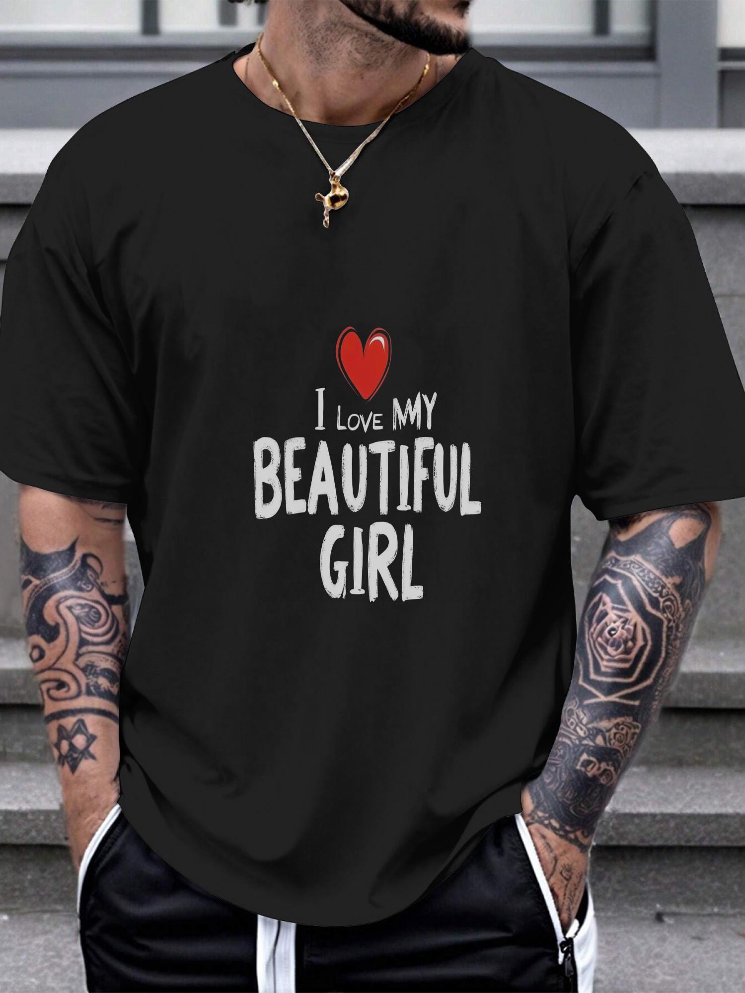 1pc Graphic Black T-shirt with Bold White Text And Red Heart Design M