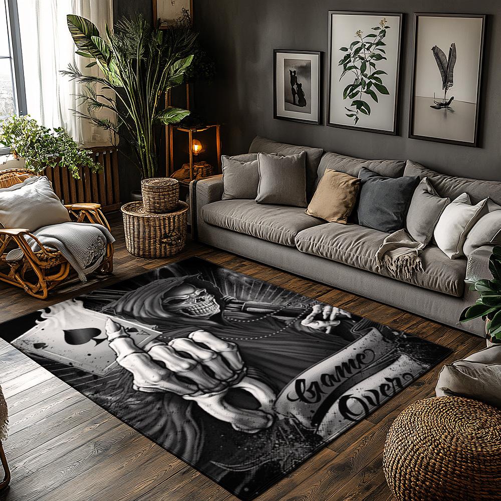 

Gothic Game Over Rug, Skeleton Reaper Design Carpet for Living Room, Soft Non-Slip Mat with Dark Theme Decor 50x80cm