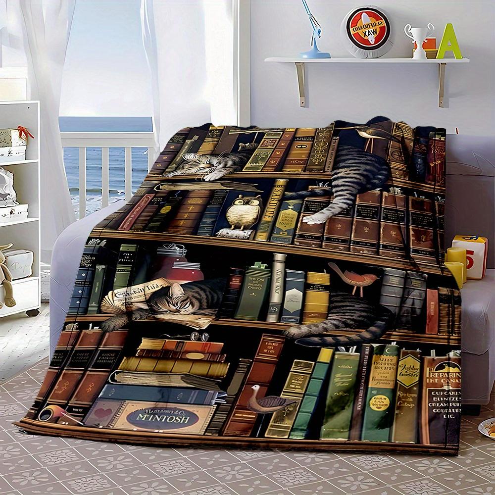 Coperta Morbida Estetica per Amanti dei Libri Gatto Gufo Biblioteca Academia Decorazione per Lettura Accogliente Coperta in Peluche per Divano Divano Regalo per Studenti