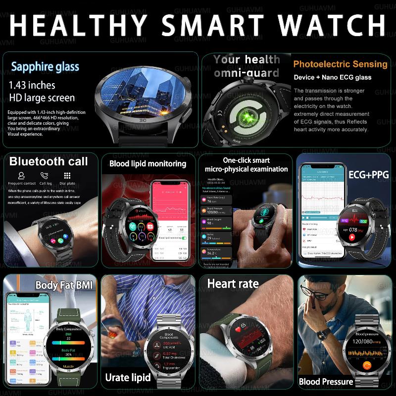 2025 New Micro Physical Examination Blood Lipids Uric Acid Blood Pressure Smart Watch ECG+PPG Clock Bluetooth Call Smartwatch Men