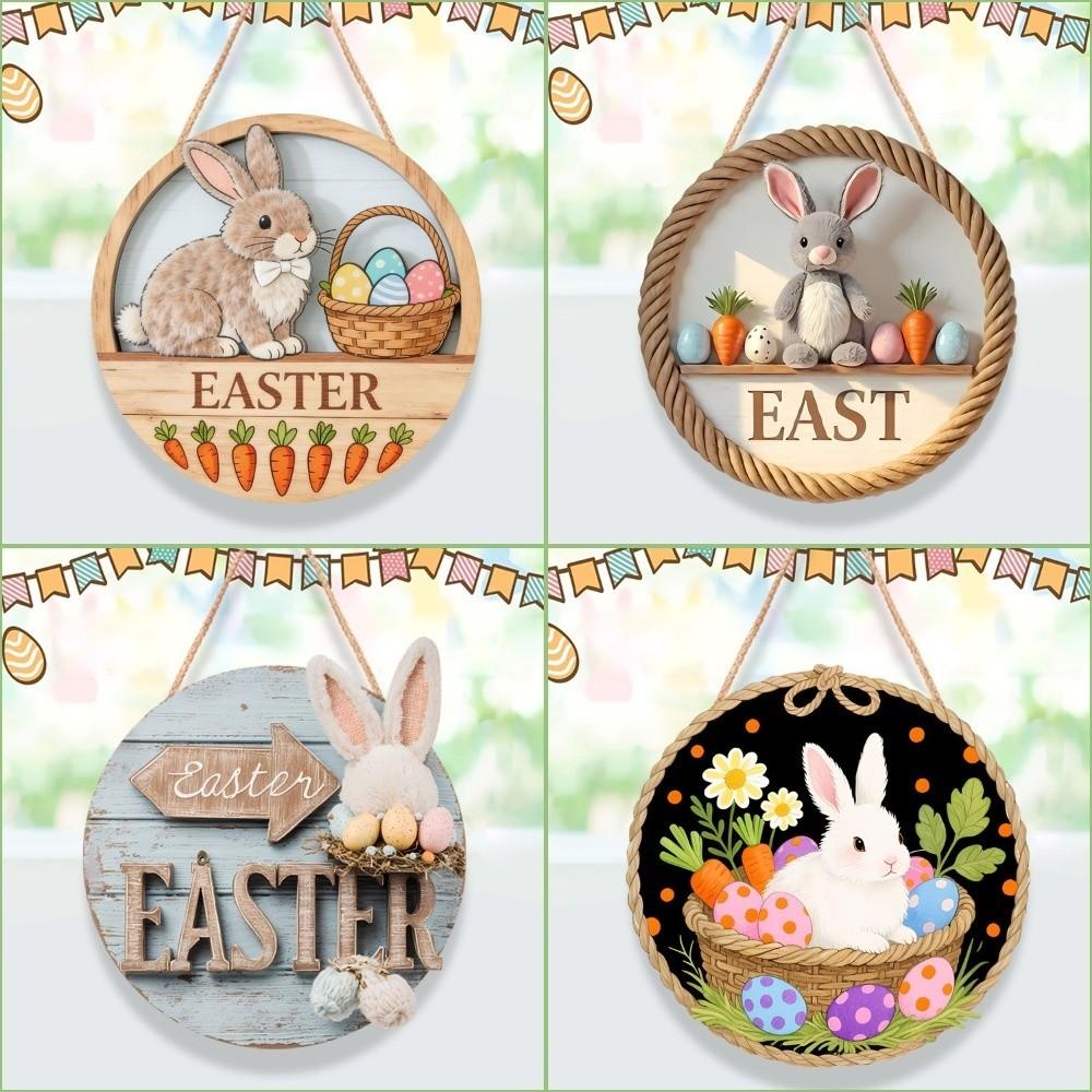 Wooden Happy Easter Door Sign Rabbit Eggs Hanging Wood Sign Easter Bunny Welcome Sign Party