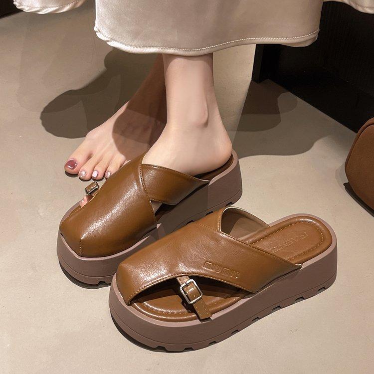[Ushilai] Retro thick-soled bag head half slippers women's 2025 spring new fashionable and comfortable versatile one pedal