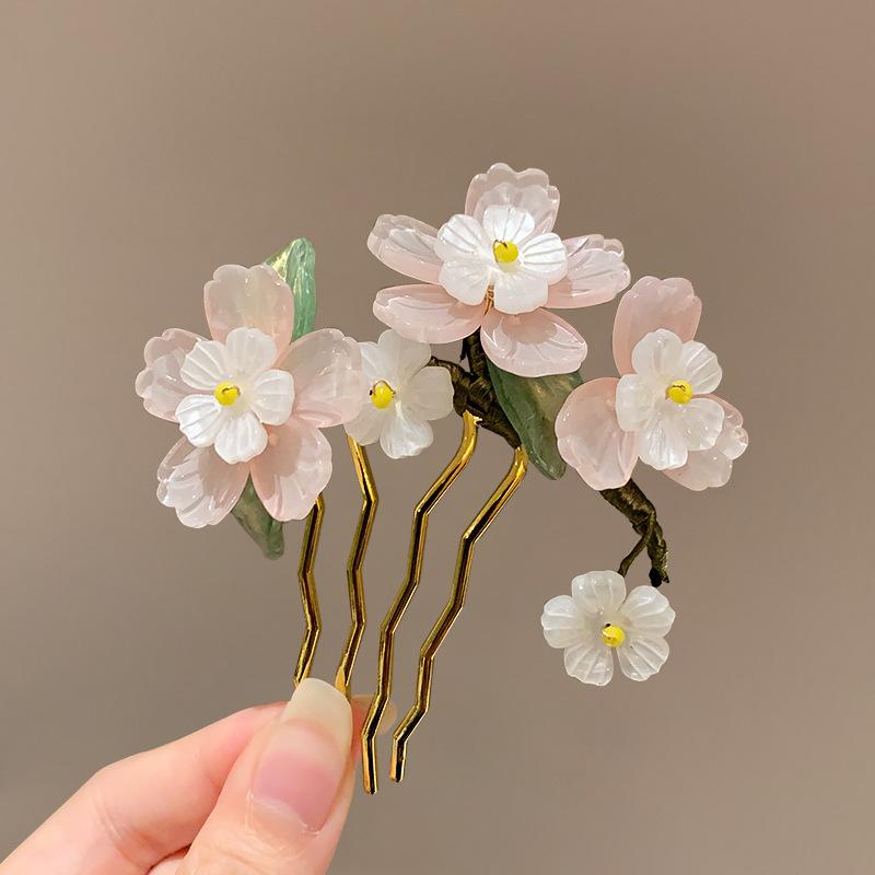 Vintage Flower Hairpin Elegant Chinese Style Glass Flower Hair Comb For Women Girls Exquisite Fairy Metal Hair Accessories 1pc