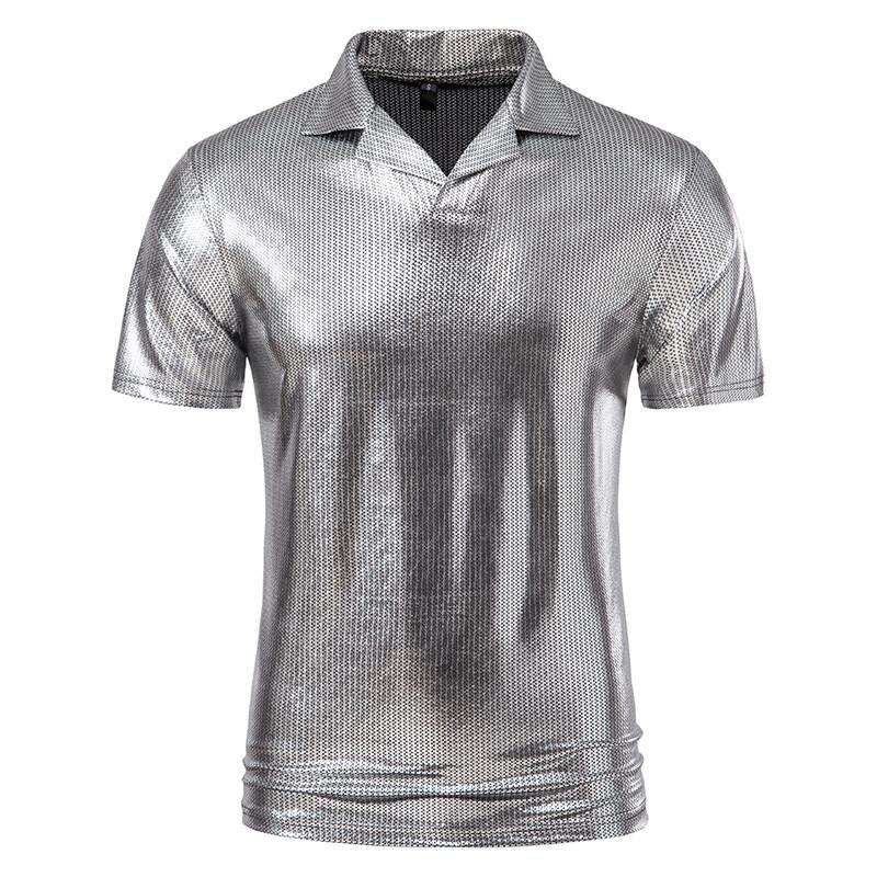 Summer Men's Short Sleeve Polo Shirt Shiny Metallic Streetwear Lapel T-shirts Men Gold Stage Costume Disco Party NightClub Tops