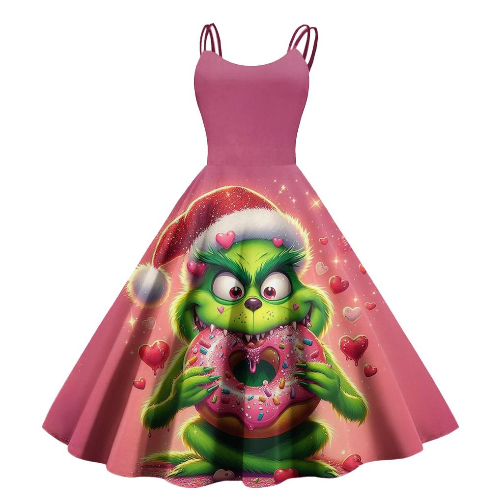 Women's Christmas Hat Printed Sexy Slim-Fit Off-Shoulder Punk Retro Dress