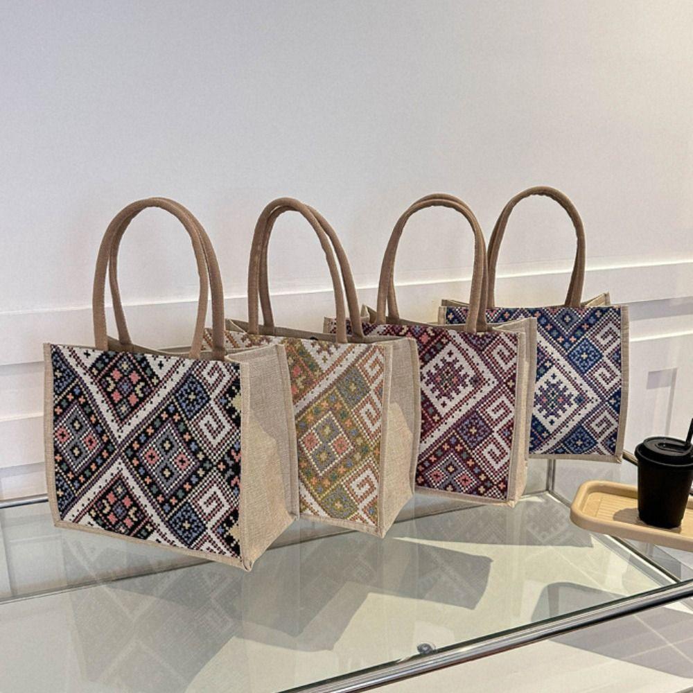 Tote Bag Ethnic Style Handbag Canvas Embroidery Shoulder Bag Simple Geometric Cloth Bag Women