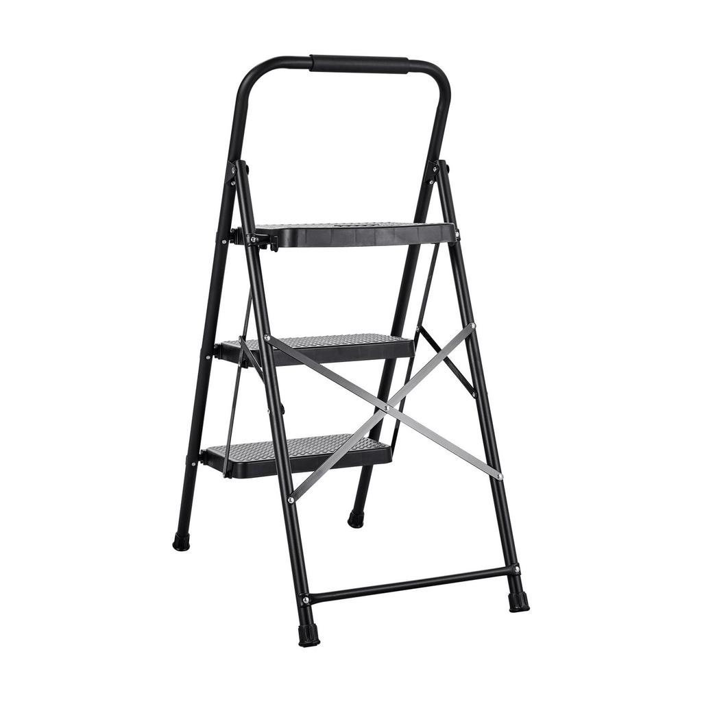 3 Step Ladder, Folding Step Stool with Wide Anti-Slip Pedal and Comfort Handgrip, Lightweight 272 kg Capacity Portable Steel Ladder, Multi-Use for
