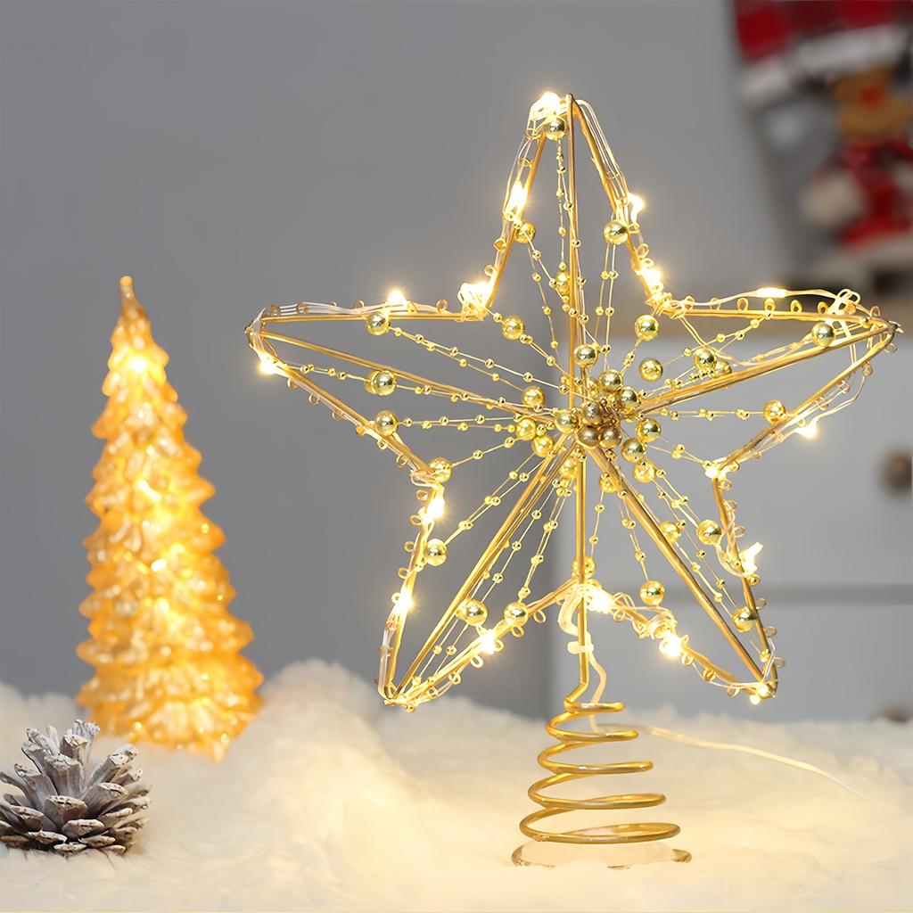 Wrought Iron Beaded LED Star Christmas Tree Topper with Warm White & Golden Beads - -in Indoor Holiday Decoration Christmas
